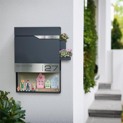 Siebert Metzler Briefkasten Basaltgrau RAL7012 mit Zeitungsfach & Edelstahl Namensschild – langlebig & modern für Ihr Zu