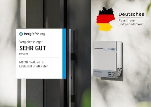 Siebert Metzler Briefkasten Basaltgrau RAL7012 mit Zeitungsfach & Edelstahl Namensschild – langlebig & modern für Ihr Zu