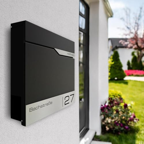 Siebert Metzler Briefkasten Basaltgrau RAL7012 mit Zeitungsfach & Edelstahl Namensschild – langlebig & modern für Ihr Zu