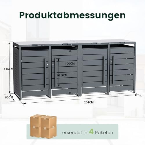 CHOSHOME Mülltonnenbox 4er - Wetterfester & abschließbarer Stahl für 4 Mülltonnen im Garten, erweiterbar, Anthrazit