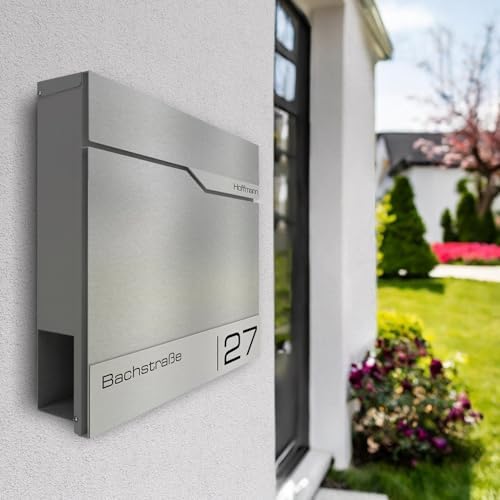 Siebert Metzler Briefkasten Basaltgrau RAL7012 mit Zeitungsfach & Edelstahl Namensschild – langlebig & modern für Ihr Zu