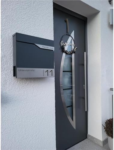 Siebert Metzler Briefkasten Basaltgrau RAL7012 mit Zeitungsfach & Edelstahl Namensschild – langlebig & modern für Ihr Zu