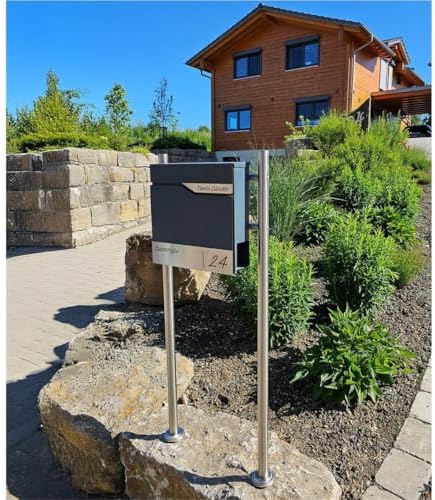 Siebert Metzler Briefkasten Basaltgrau RAL7012 mit Zeitungsfach & Edelstahl Namensschild – langlebig & modern für Ihr Zu