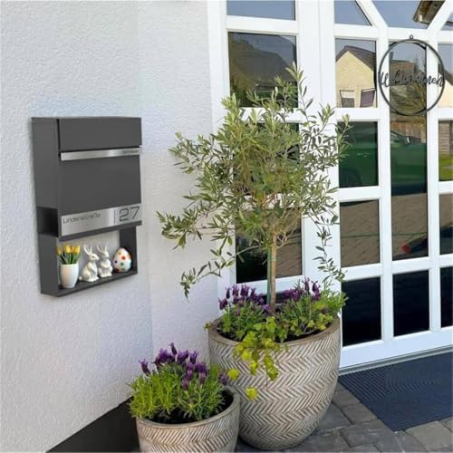 Metzler Briefkasten Anthrazit mit Zeitungsfach - personalisierter Wandbriefkasten aus massivem Stahl | Modell Stencil 2