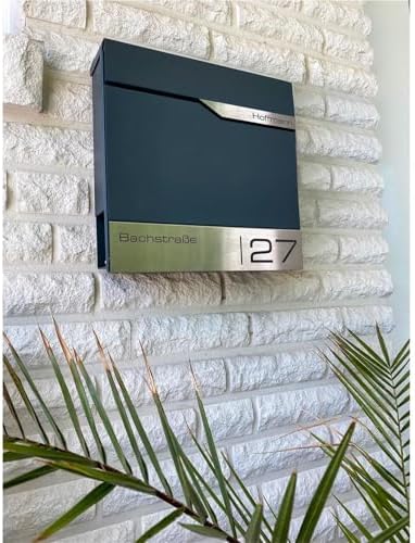 Siebert Metzler Briefkasten Basaltgrau RAL7012 mit Zeitungsfach & Edelstahl Namensschild – langlebig & modern für Ihr Zu