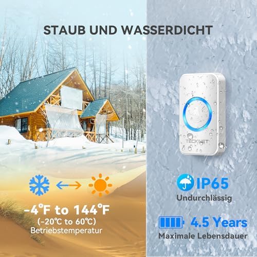 TECKNET Funkklingel Set – Wasserdichte Türklingel für Außen, 400m Reichweite, 60 Melodien und LED-Blitz