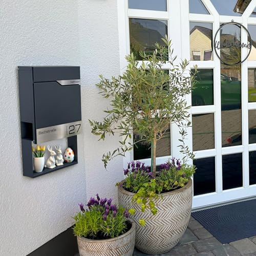 Siebert Metzler Briefkasten Basaltgrau RAL7012 mit Zeitungsfach & Edelstahl Namensschild – langlebig & modern für Ihr Zu