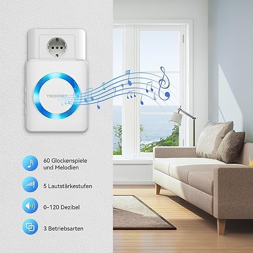 TECKNET Funkklingel Set – Wasserdichte Türklingel für Außen, 400m Reichweite, 60 Melodien und LED-Blitz