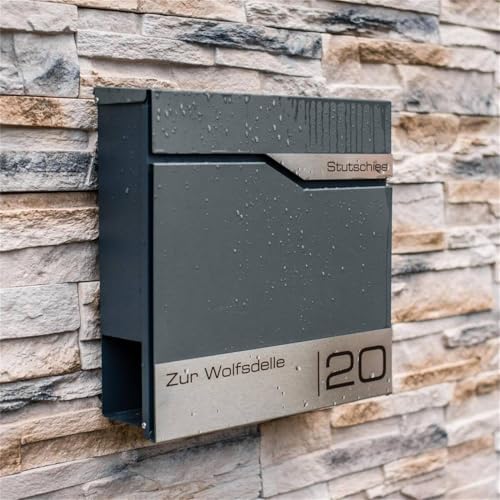 Siebert Metzler Briefkasten Basaltgrau RAL7012 mit Zeitungsfach & Edelstahl Namensschild – langlebig & modern für Ihr Zu