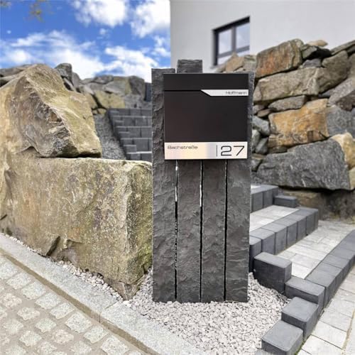 Siebert Metzler Briefkasten Basaltgrau RAL7012 mit Zeitungsfach & Edelstahl Namensschild – langlebig & modern für Ihr Zu
