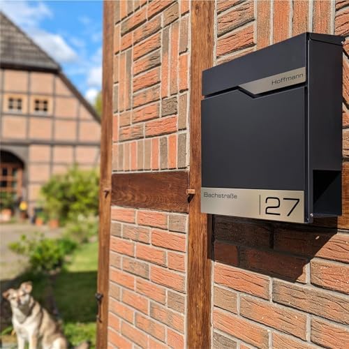 Siebert Metzler Briefkasten Basaltgrau RAL7012 mit Zeitungsfach & Edelstahl Namensschild – langlebig & modern für Ihr Zu