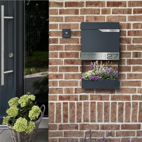 Siebert Metzler Briefkasten Basaltgrau RAL7012 mit Zeitungsfach & Edelstahl Namensschild – langlebig & modern für Ihr Zu