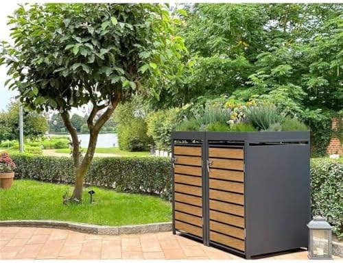Metzler Mülltonnenbox 2er 240L Anthrazit & Holzoptik mit Pflanzdach für Garten – Rostfrei & abschließbar!