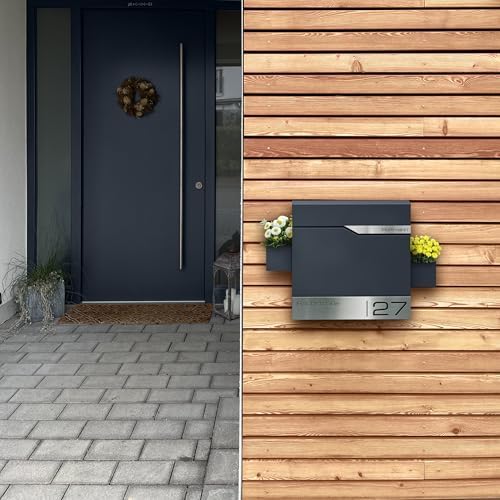 Siebert Metzler Briefkasten Basaltgrau RAL7012 mit Zeitungsfach & Edelstahl Namensschild – langlebig & modern für Ihr Zu