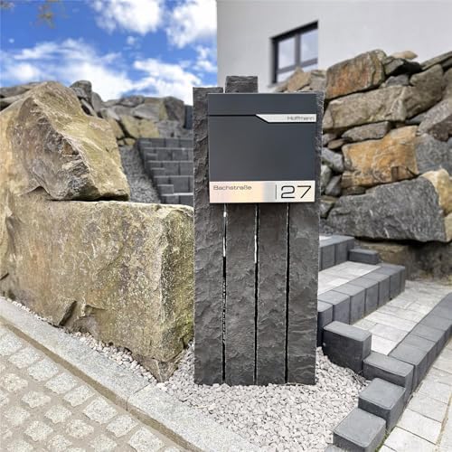Siebert Metzler Briefkasten Basaltgrau RAL7012 mit Zeitungsfach & Edelstahl Namensschild – langlebig & modern für Ihr Zu