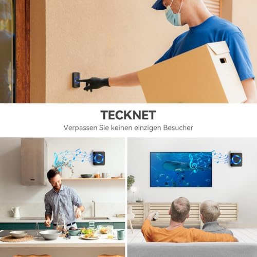 TECKNET Funkklingel Set – Wasserdichte Türklingel für Außen, 400m Reichweite, 60 Melodien und LED-Blitz