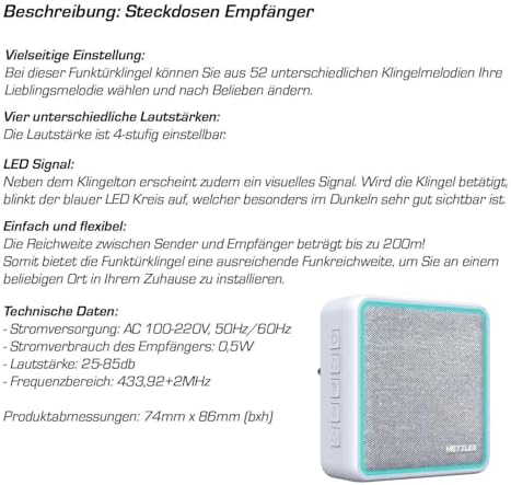 Metzler Kabellose Funkklingel - Hohe Reichweite & Wasserfest - Edelstahl Design für Wohnräume - 2 Empfänger