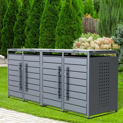CHOSHOME Mülltonnenbox 4er - Wetterfester & abschließbarer Stahl für 4 Mülltonnen im Garten, erweiterbar, Anthrazit