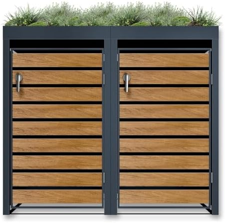 Metzler Mülltonnenbox 2er 240L Anthrazit & Holzoptik mit Pflanzdach für Garten – Rostfrei & abschließbar!