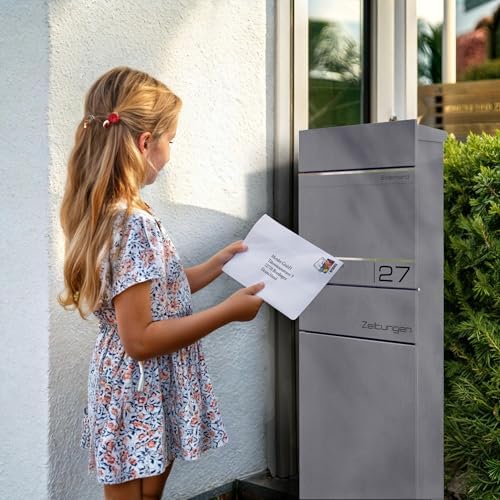 Metzler Standbriefkasten anthrazit RAL 7016 - Wetterfest mit Namensschild & Zeitungsfach | Perfekt für jeden Außenbereic
