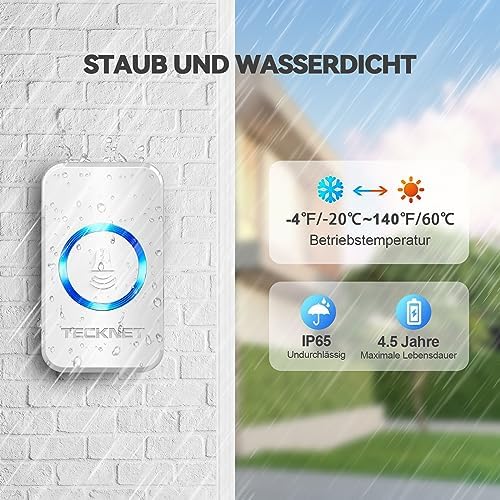 TECKNET Funkklingel Set – Wasserdichte Türklingel für Außen, 400m Reichweite, 60 Melodien und LED-Blitz