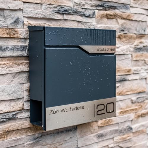 Siebert Metzler Briefkasten Basaltgrau RAL7012 mit Zeitungsfach & Edelstahl Namensschild – langlebig & modern für Ihr Zu