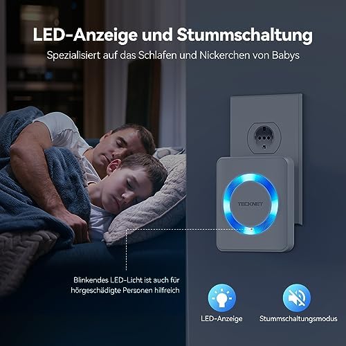 TECKNET Funkklingel Set – Wasserdichte Türklingel für Außen, 400m Reichweite, 60 Melodien und LED-Blitz