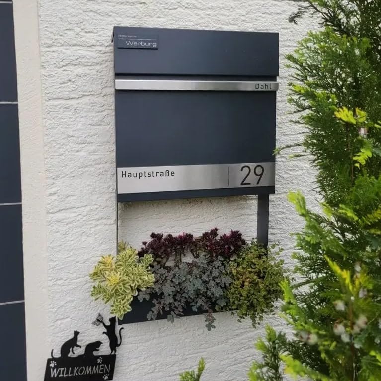 Metzler Briefkasten Anthrazit mit Zeitungsfach - personalisierter Wandbriefkasten aus massivem Stahl | Modell Stencil 2